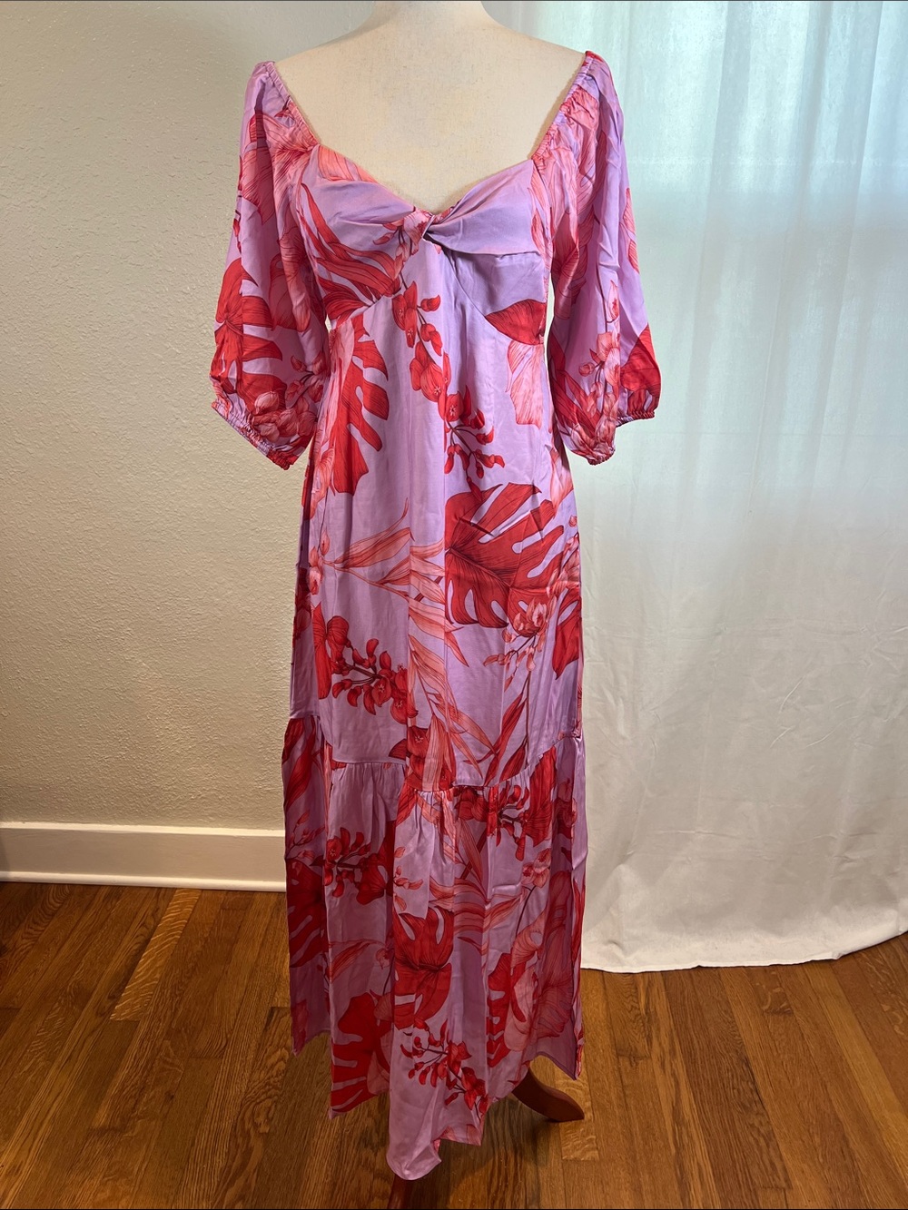 Self Contrast Lavender Maxi Dress with Red Floral Print. Size M. NWT.